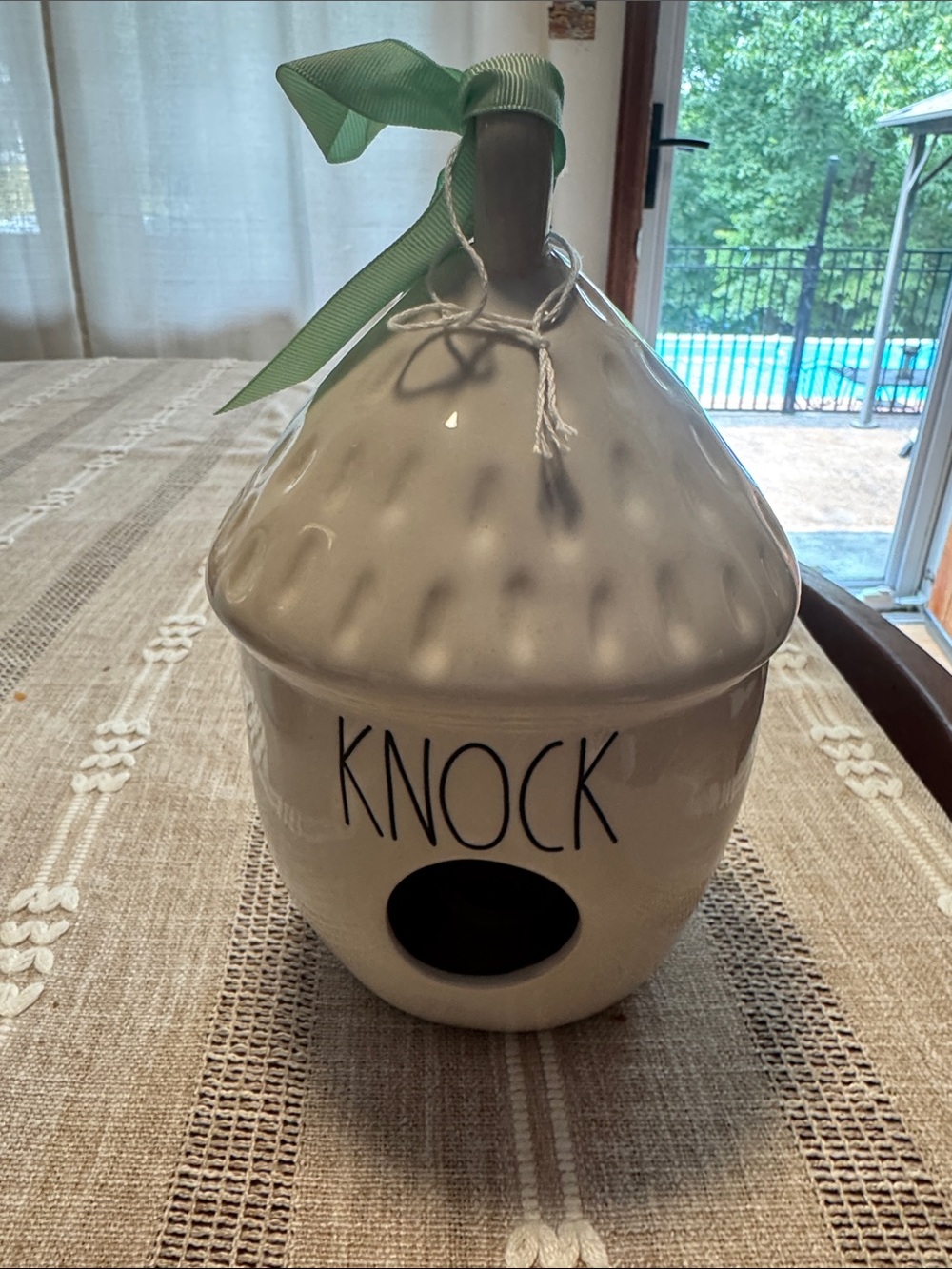 Rae Dunn White Ceramic Acorn Birdhouse with Green Bow